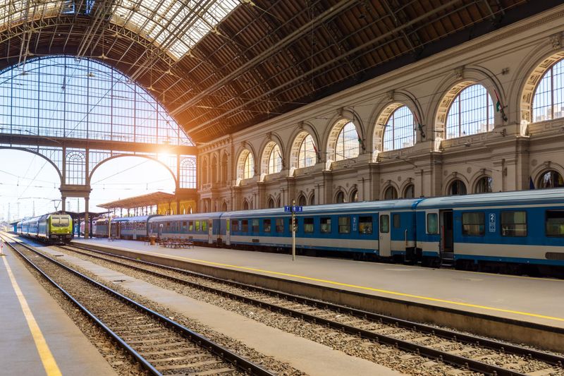 Quais et verrière d'une grande gare ferroviaire, train à l'arrêt